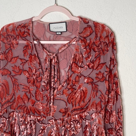 Alexis Long Sleeve Silk Sheer Velvet Top Front Tie Deep V Neckline Size M Salmon - Picture 3 of 12